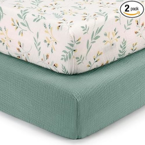 Blissful Diary Muslin Crib Sheets for Girl Boy, Boho Neutral Soft Cotton Baby Sheet for 52''x28'' Standard Crib Mattress, 2 Pack(Roman Green&Leaf)