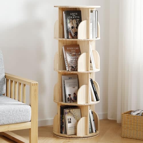 Buzleer Rotating Bookshelf Tower, 4 Tier 360 Display Spinning Bookshelf, Solid Wood Revolving Bookcase for Kid Adult, Corner Floor Rotating Bookcase for Bedroom, Living Room, Study Room, Small Space