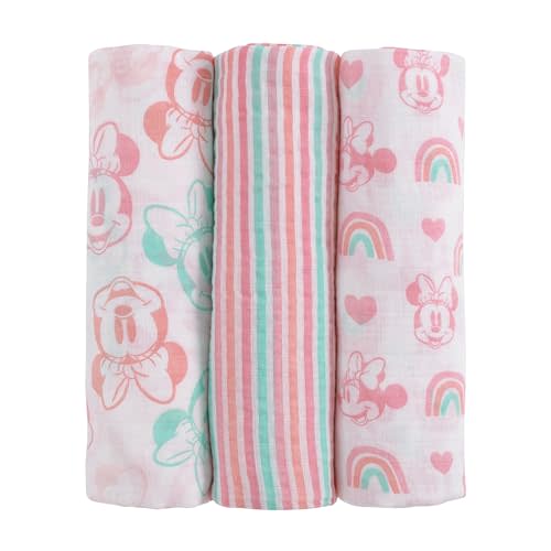 Disney Minnie Mouse Pink, Aqua, and White 3 Piece Muslin Swaddle Baby Blanket Set