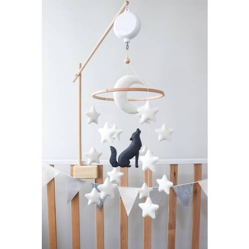 Felt wolf baby mobile for crib, Forest animals nursery decor, Moon and stars mobile, Woodland nursery theme, Gender neutral baby shower gift