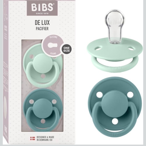 BIBS De Lux Baby Pacifier 2-Pack | Made in Denmark | BPA Free Dummy Soother, Round Nipple. Silicone, OneSize (0-36 Months), Nordic Mint/Island Sea
