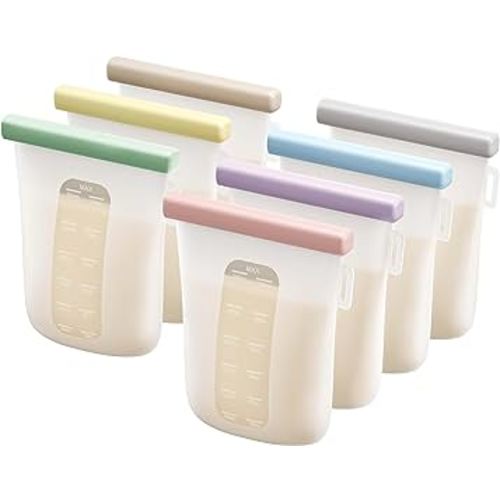 Nuliie 7 Pcs Reusable Silicone Breastmilk Storage Bags, 12oz/360ml Double Leak-Proof, BPA Free Self-Standing Milk Bags for Breastfeeding, Baby Food Pouches