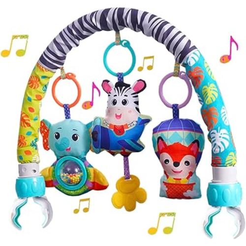Baby Stroller Arch Mobile With Universal Clamps - Clip-On Activity Bar for Bassinet, Bouncer, Crib, Car Seat - Musical Infant Toys With Elephant Squeaker and Zebra Rattle