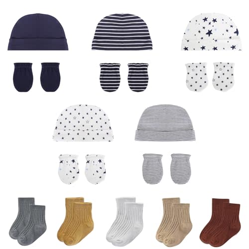 falianni Baby Boy Girl Cotton Hat Mitten Sock Set 15 Pack Infant Essential Accessories for 0-6 Months