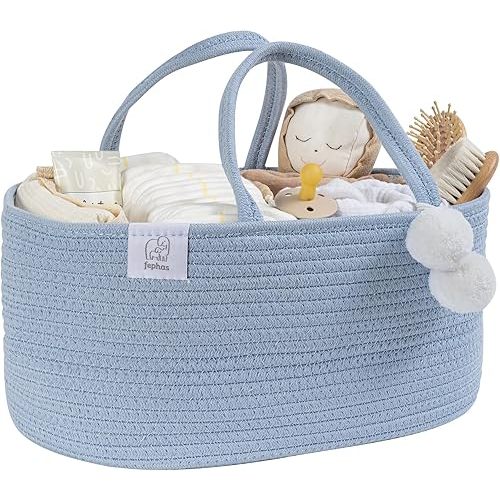 Baby Diaper Caddy Organizer- Misty Blue Rope Nursery Storage Bin- Portable Diaper Storage Basket for Changing Table and Car- Perfect Baby Shower & Registry Gift