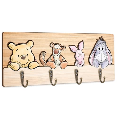 Winnie Nursery Bathroom Bedroom Wall Decor, Wooden Hanger Rail with 4 Pegs,The Pooh Tigger Eeyore Wall Hooks, Winnie Nursery Hook Cute Towel Hanger, The Pooh Home Decoration for Kids Room