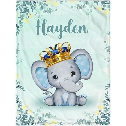 Personalized Baby Blanket for Girls Boys, Custom Baby Blanket with Name, Personalized Name Blankets for Kids, Soft Cozy Elephant Receiving Blanket for Infant Toddler Baby for Birthday
