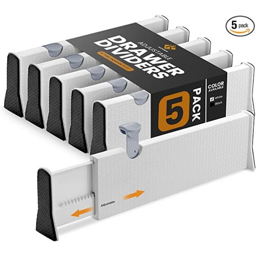 Drawer Divider - 4 Inches High, Expands from 11-17 Inch, Bedroom - Expandable Organizers for Clothes, Dressers etc - Drawer Separators - White-5 Pack