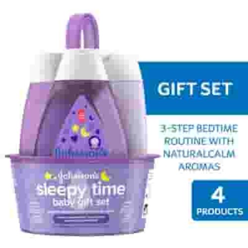 Johnson's Sleepy Time Bedtime Baby Gift Set: New Born Bath Essentials with Lotion, Wash and Shampoo, 4 Items