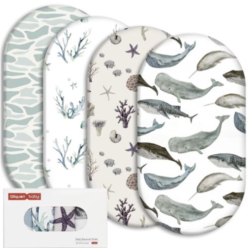 Gllquen Baby Bassinet Sheets 4 Pack, Breathable Cozy Fitted Mattress Sheet, Elastic Travel Crib Fashionable Pattern, Standard Cradle Safe Sheets for Baby Boys Girls 32"x16" (Marine)