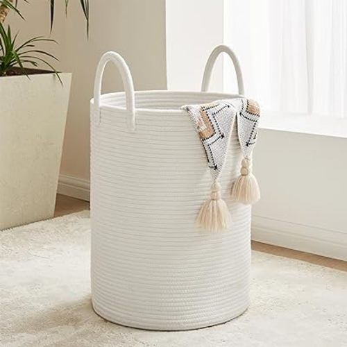 Cotton Rope Laundry Hamper by YOUDENOVA, 58L - Woven Collapsible Laundry Basket - Clothes Storage Basket for Blankets, Laundry Room Organizing, Bedroom Storage, Clothes Hamper – White