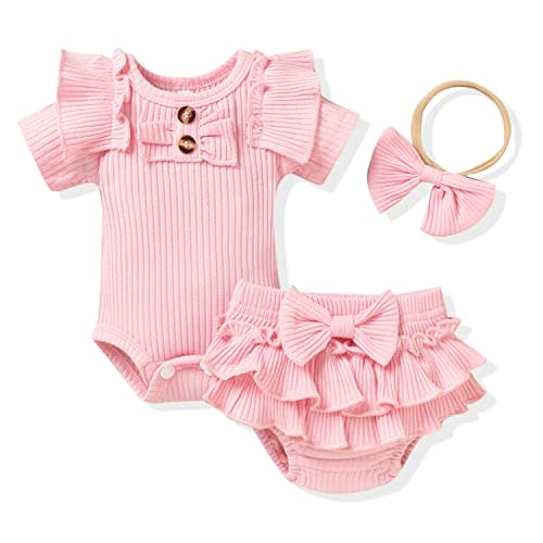 Aalizzwell Baby Girls Short Sleeve Bodysuit Bloomer Shorts Ribbed Outfits