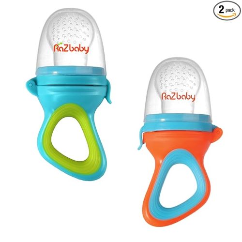 RaZbaby Baby Solids/Frozen Fruit Feeder Pacifier, Infant Teether Toy 6M+, BPA-Free, Safely Introduce Solids, Natural Teething Relief, Dishwasher Safe, Freezable – Blue & Orange 2-Pack