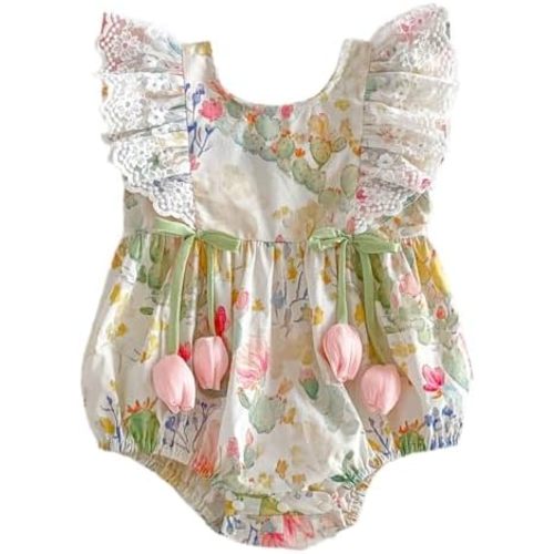 Newborn Baby Girl Blue Floral Lace Romper Vintage Sleeveless Bodysuit Infant Summer Homcoming Baptism Outfit