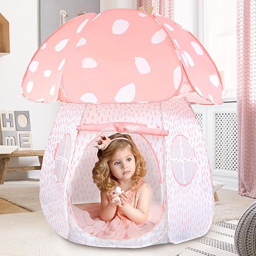 Play Tent for Kids Pop Up Tent Indoor Outdoor Boys and Girls Playhouse with Exquisite Design for Imaginative Mushroom Tent by CRAWLBO Patented (Pink, Small)