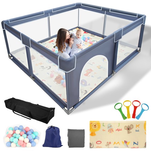 Sunnycome Baby Playpen with Folding Mat, Large Play Yard 71" X 59" X 26.5" for Babies and Toddlers with Zipper Gate Anti-Slip Suckers for Indoor&Outdoor