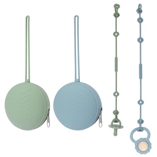 Nupoopy 2 Pack Silicone Pacifier Holder Case & Toy Safety Straps, BPA-Free Silicone Newborn Pacifier Pouchs for Baby Boys & Girls, Portable Silicone Pacifier Container Case (Sage/Ether)