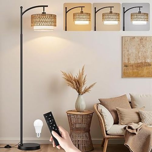 Ambimall Arc Floor Lamp for Living Room with Remote, Boho Standing Lamp with Rattan & Linen Shades, Color Temperature & Dimmable Bulb, Farmhouse Tall lamp for Bedroom, Office(Black)