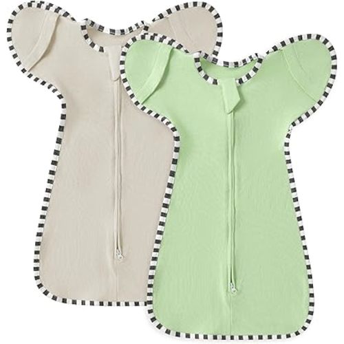 Soft Cotton Swaddle Blanket, Arms Up Baby Sleep Transitional Swaddle Sack Wearable Sleeping Bag for Boy Girl (Green + Grey, M(3-6 Months))