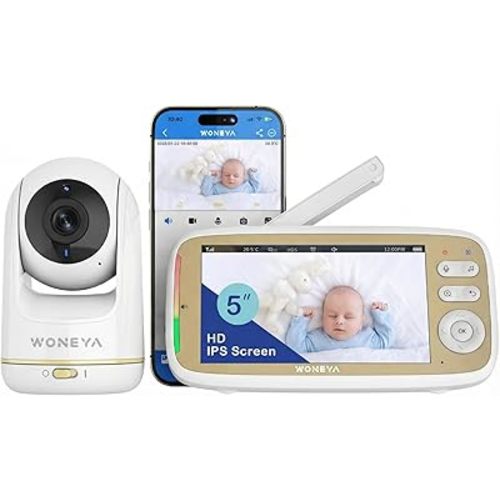 WONEYA Smart Baby Monitor, 5" HD IPS Screen, 1500ft Long Range, 48 Hours Battery, White Noises & Lullabies, 2K HD Camera, Customizable Safe Zones, Motion Detection, VOX, Free Secure Phone App