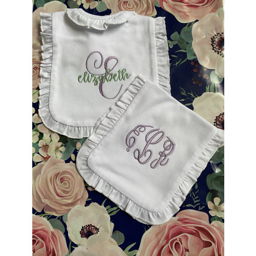 Ruffled Embroidered/Monogrammed Bibs; Baby Bib; Baby Shower Gift; Personalized Bib and Burp Cloth; Monogrammed Baby Bib