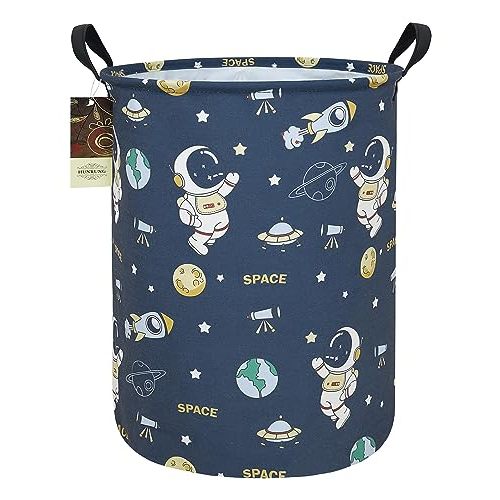 HUNRUNG Laundry Hamper,Large Canvas Fabric Lightweight Storage Basket Toy Organizer Dirty Clothes Collapsible Waterproof for College Dorms（Round-Blue Space Astronaut）