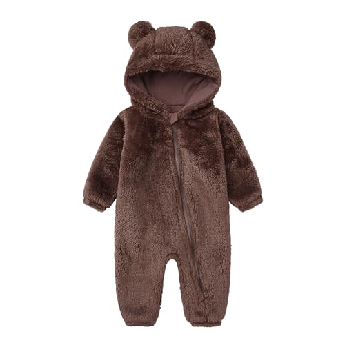 Baby Furry Jumpsuit Infant Bear Onesies Zipper Long Sleeve One-Piece Romper Hoodie Baby Outwear Snowsuit