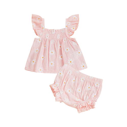 Loicainy Baby Toddler Girl Daisy Outfit 3 6 12 18 Months Smocked Flying Sleeve Babydoll Tops Elastic Waist Ruffle Shorts Cute Summer Clothes 2Pcs Clothes Set