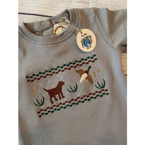 Embroidered hunting romper, Faux smocked duck & lab shirt, Boy dog shirt, baby boy hunting outfit,Duck hunt bubble,faux smocked lab and duck