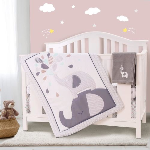 Sweet Baba Gray Elephant Crib Bedding Sets for Boys 4 Pcs, Baby Girls Set Included Comforter, Fitted Sheet, Crib Skirt & Blanket for Nursery Standard Size Neutral