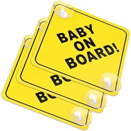 3PCS Baby on Board Car Warning Signs, 5"x5" Baby On Board Sign Reusable Baby on Board Sticker With Double Suction Cups Durable Baby On Board Sign for Back Window Striking Baby on Board Tags