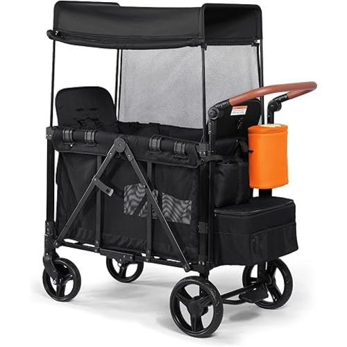 Stroller Wagon with Adjustable Handle Includes Canopy & Organizer, Foldable and Convenient for Storage (Black)