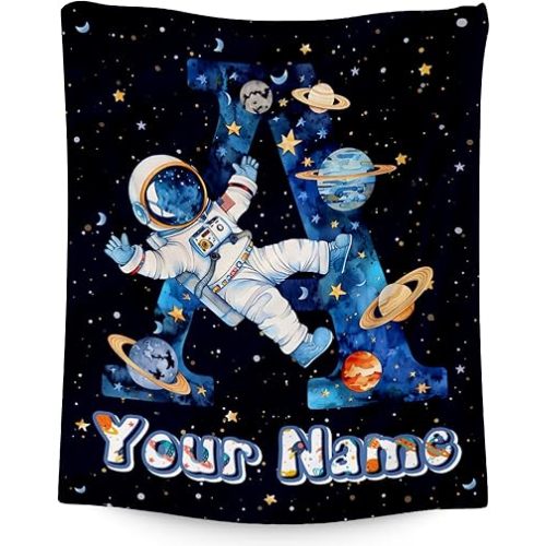 Personalized Boys Blanket for Planet Lovers - Planet Blankets Gifts for Kids - Custom Initial Throw for Son - 50"x60" Monogram Gift with Name for Couch, Sofa, Bed