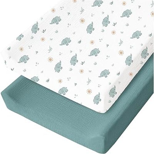 Konssy 2 Pack Muslin Changing Pad Cover for Baby Girls Boys 100% Cotton Fitted Diaper Changing Table Cover Set, Soft Changing Pad Sheets (Elephant,Teal)