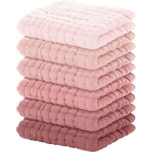 Yoofoss Muslin Baby Washcloths 100% Cotton Face Towels 6 Pack Wash Cloths for Baby 12x12in Soft and Absorbent Baby Wipes (Gradient Pink)