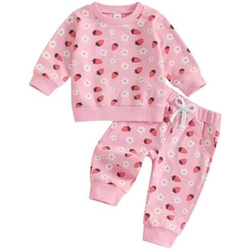 Toddler Baby Girl Clothes Fall Winter Outfits Strawberry Flower Print Long Sleeve Sweatshirt with Pants 2 Pcs Set
