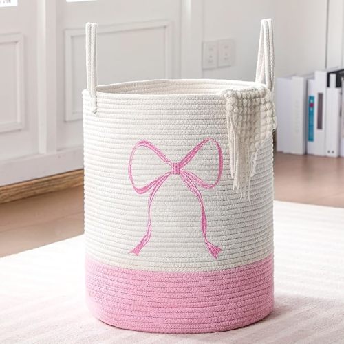 Honeydak Coquette Pink Bow Laundry Hamper Tall Cotton Rope Laundry Basket Hamper Large Bow Girly Nursery Basket Storage for Blanket Toys Clothes Organization in Bedroom Bathroom