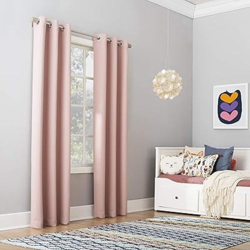 Sun Zero Riley Kids Bedroom Blackout Grommet Curtain Panel, 40" x 63", Blush Pink