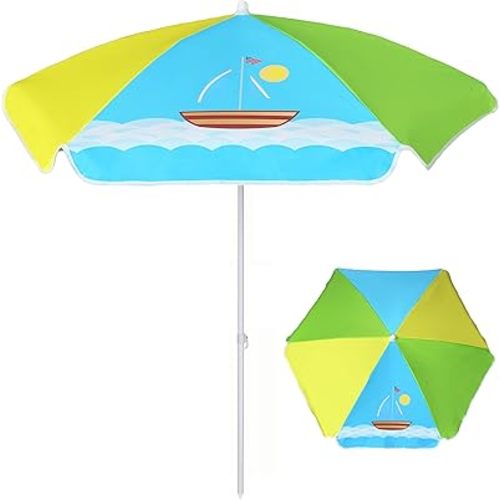 AMMSUN 5ft Seaside Umbrella for Sand and Water Table - Kids Durable Umbrellas for children Beach Camping Garden Outdoor Play Shade (5ft Green Yellow Boat)
