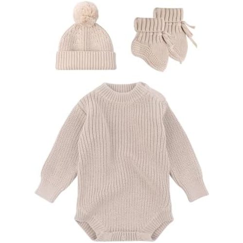 Sock,3PCS Newborns Knitted Romper Set with Matching Hat and Socks, Soft & Breathable Outfit Knitwear