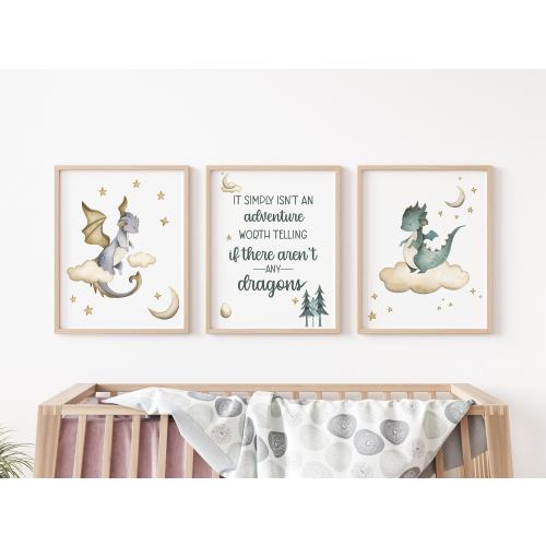 Dragon Nursery Wall Art Poster, Dragon Nursery Decor, Dragon Posters, Set of 3 Mailed Posters, Dragon Fantasy Adventure Nursery B9