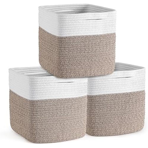 Storage Cubes 11 Inch Storage Baskets for Shelves, Set of 3 Cotton Rope Woven Baskets for Organizing, Cube Storage Square Bins for Toy, Playroom Decor, Classroom, Closet, White+brown