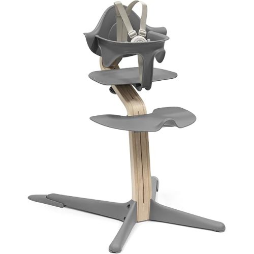 Stokke Nomi High Chair, Grey/Natural - Inspires Active Sitting - Tool-Free, Seamless Adjustability - Includes Baby Set with Removable Harness for Children 6-24 Months