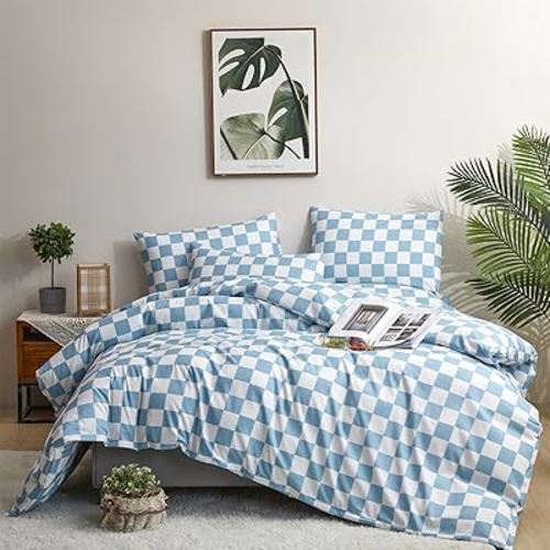 Houseri Light Blue White Plaid Twin Size Comforter Sets Boys Girls Kids Baby Blue Buffalo Checkered Bedding Set Twin Aqua Blue Grid Checkerboard Bedding Comforter Preppy Dorm Check Comforters Twin