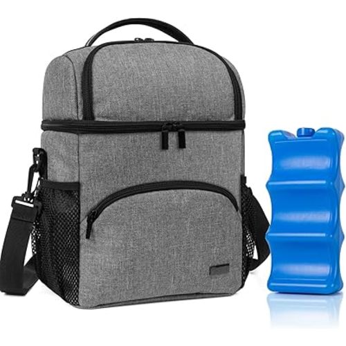 Teamoy Double Layer Breastmilk Cooler Bag with Ice Pack, Travel Baby Bottle Cooler Bag Tote Up to 6 Large 9 Ounce Bottles, Gray