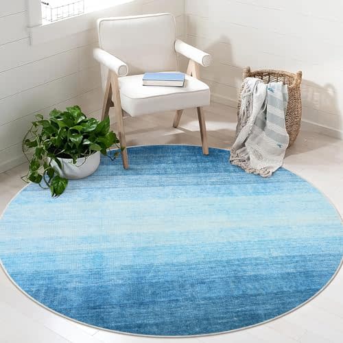 Wonnitar Modern Ombre Round Rugs 4ft, Washable Blue Bedroom Round Area Rug, Non-Slip Soft Circle Bathroom Throw Carpet, Non-Shedding Gradient Low Pile Floor Mat for Bedside Entry (Blue,Round 4ft)