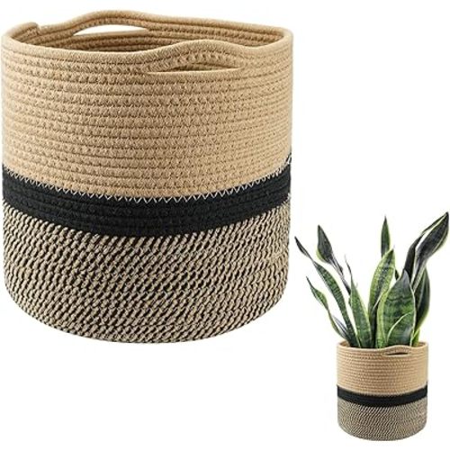 Oaixuilhy Cotton Rope Woven Storage Basket with Handles Cotton Blanket Organizer Laundry Basket Empty Gift Basket for Planter Shelf Desk Home Decor (12 x 12 Inches, Jute & Black)