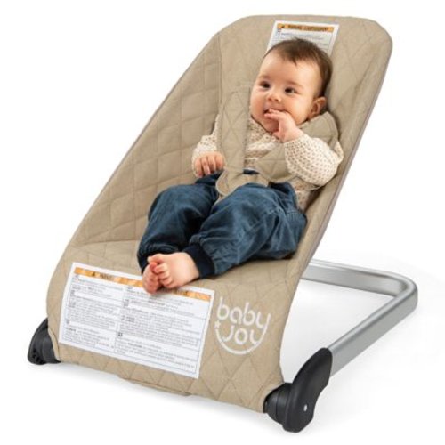Gymax Folding Infant Bouncer Portable Baby Rocker w/ Breathable Backrest Aluminum Beige