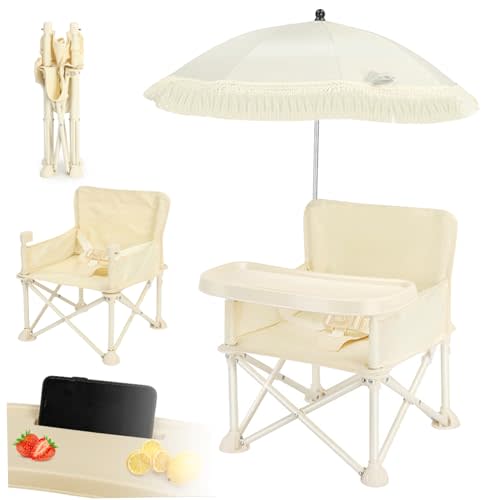 Baby Camping Chair Foldable Baby Beach Chair with Umbrella & Tray Stable Toddler Camping Chair 66lbs Loads Travel High Chair with Safety Belt for Baby 6 Month + Camping, Beach, Lawn