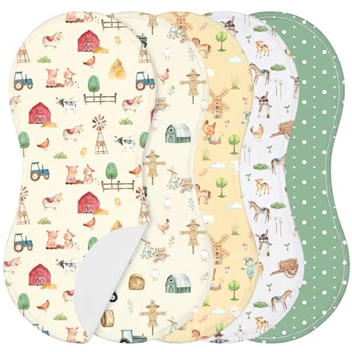 SmoothNovelty 5 Pack Farm Animals Baby Burp Cloths Soft Absorbent Burping Rags for Newborns 19"x9" Spit up Cloths for Boy Girl Newborn Baby Shower Registry Gifts Set Nursery Decor